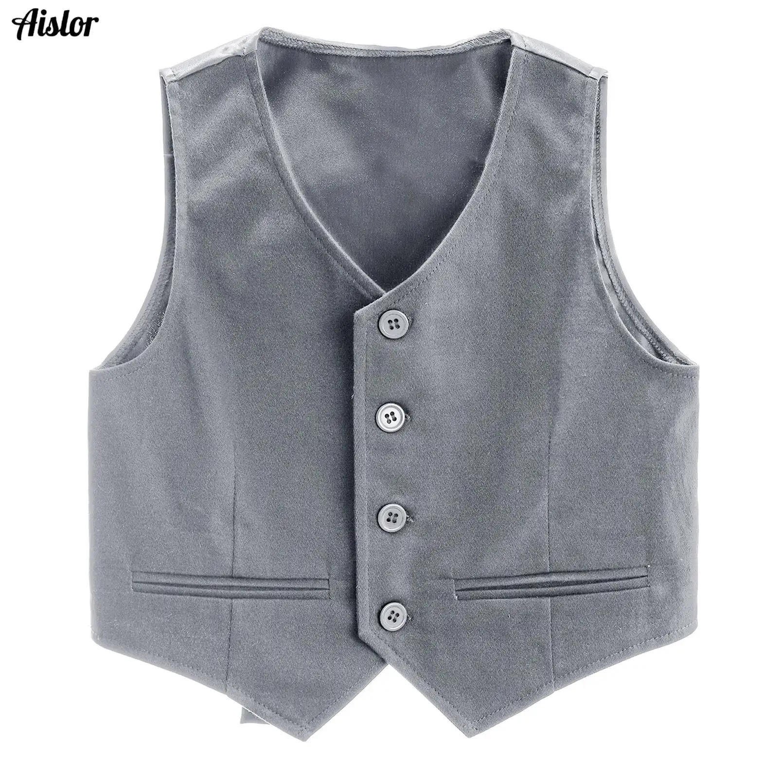 

Kids Boys Gentlemen Vest Blazer Tops Formal V-neck Button Pointed Solid Color Waistcoat Birthday Wedding Party Suits Clothes