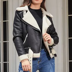 Warm Suede Lamb Jacket Winter Women Thick Short Motorcycle Coats Faux Shearling Leather Jackets Zip Cool Outwear Women'S Coat