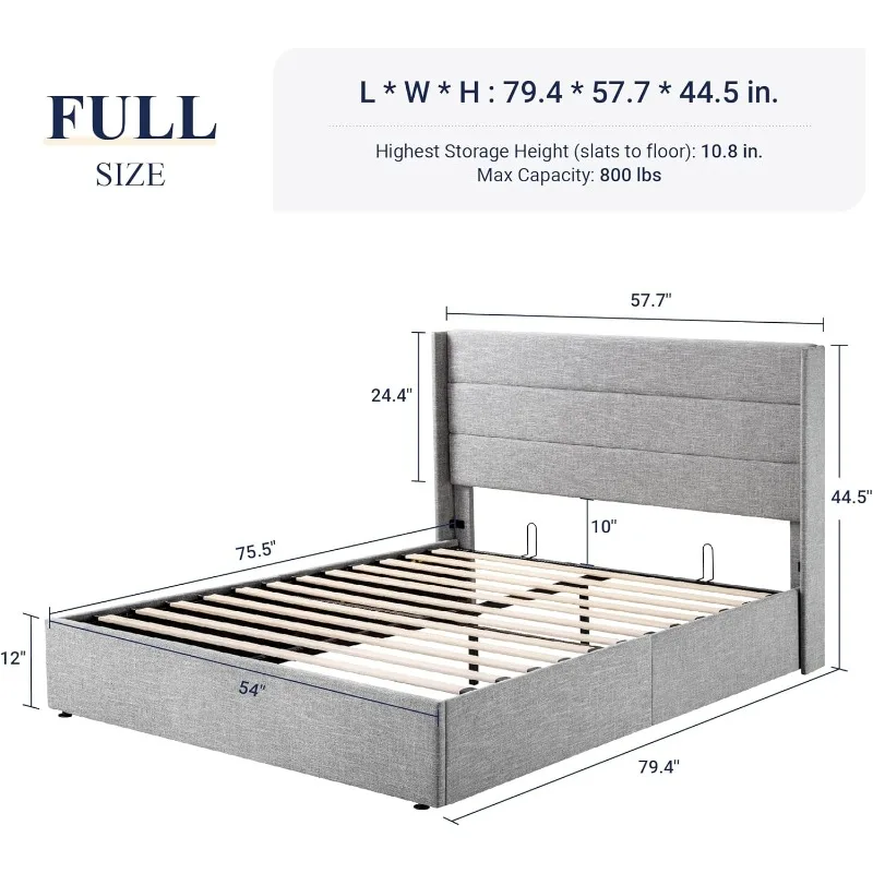 Allewie Full Size Lift Up Storage Bed, Modern Wingback Headboard, No Box Spring Needed, Hydraulic Storage, Light Grey