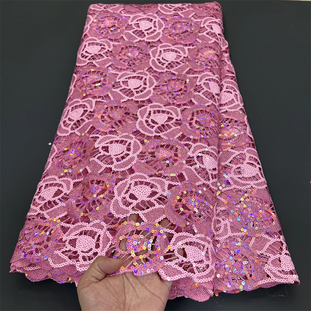 

African Nigerian High Quality Lace Fabric,Embroidery Tulle,Pure Wedding Party Dress,Guipure Sequins for Sewing Beads,5Yards,2025