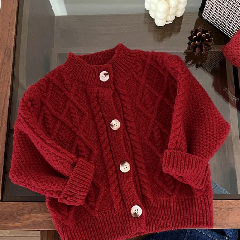 Korean Autumn and Winter Children's Clothing New Year Fried Dough Twists Knitting Cardigan Winter Boys and Girls' Red Sweater