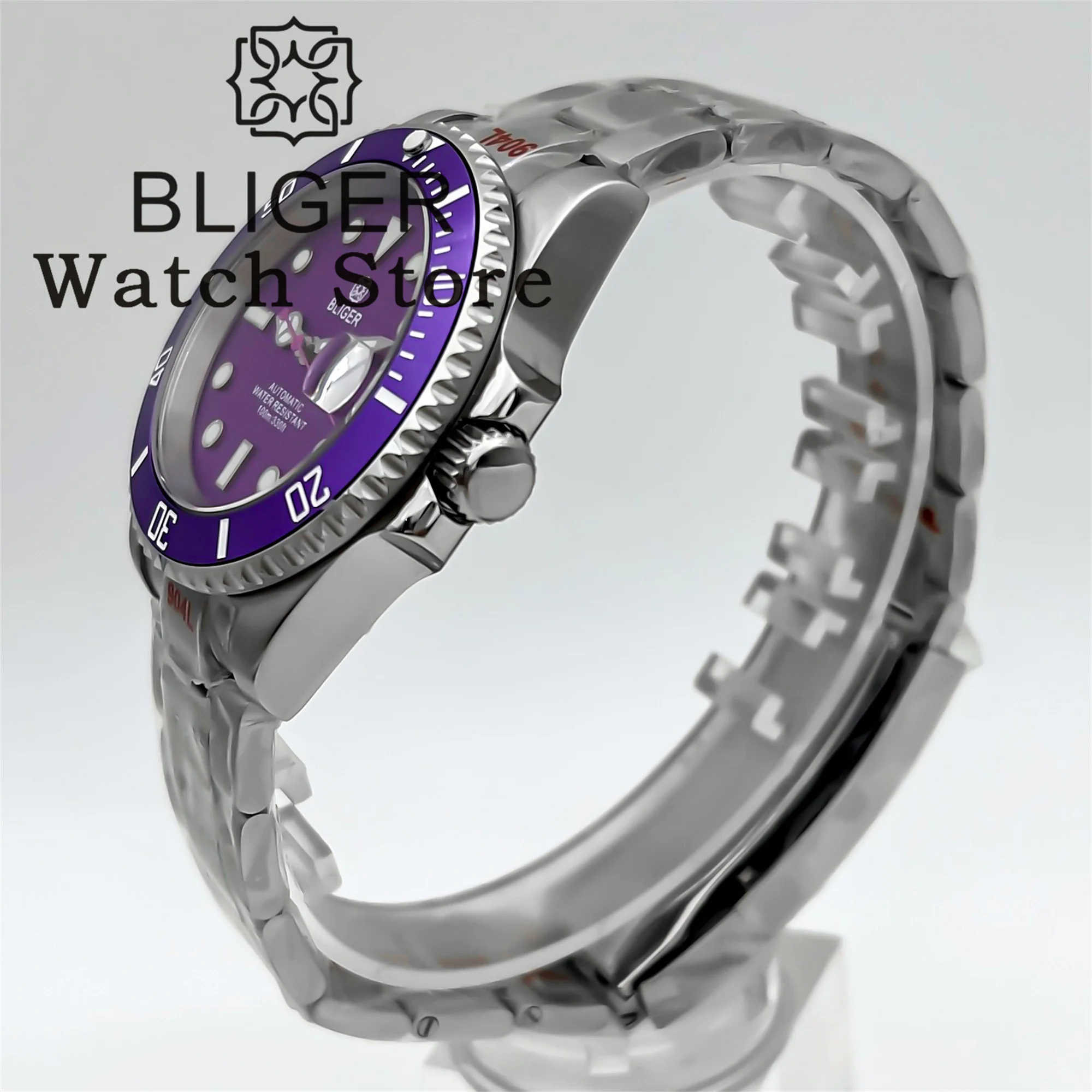 BLIGER 40mm NH35 Mechanical Automatic Diving Watch For Men Fuchsia Rotating Bezel Purple Dial Sapphire Glass Stainless Bracelet