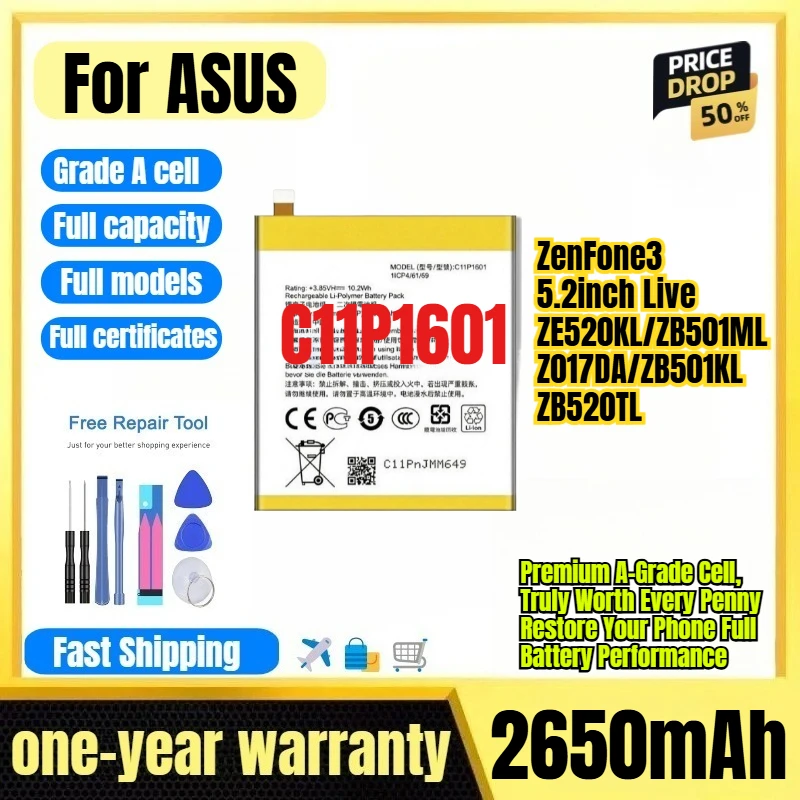 C11P1601 for ASUS ZenFone3 5.2inch Live/ZE520KL/ZB501ML/Z017DA/ZB501KL/ZB520TL Phone Battery Replacement Bateria Grade A Cell