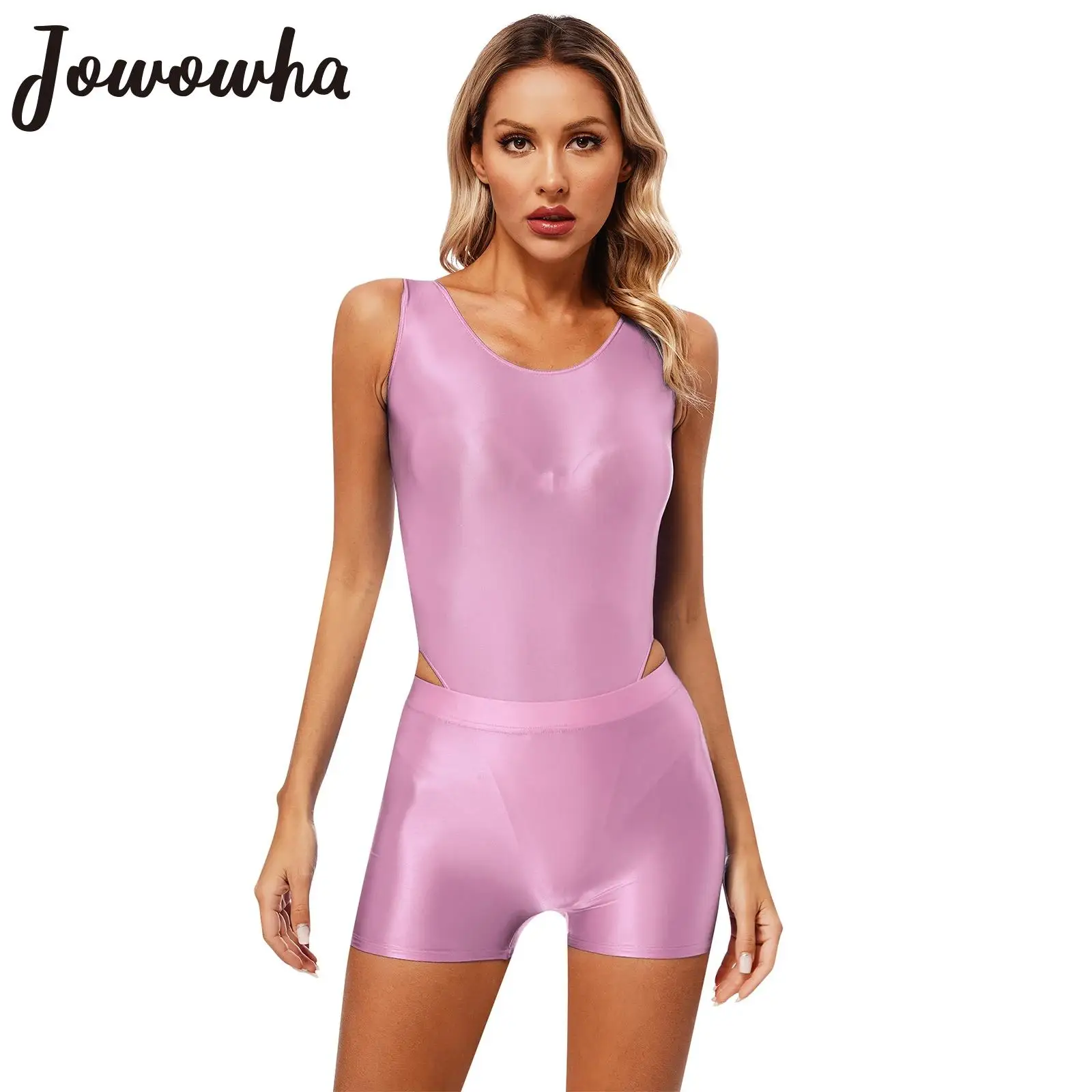 Womens Glossy Swimsuit High Cut Backless Sleeveless Bodysuit with Elastic Waistband Shorts for Gym Yoga Sports Fitness Swimming