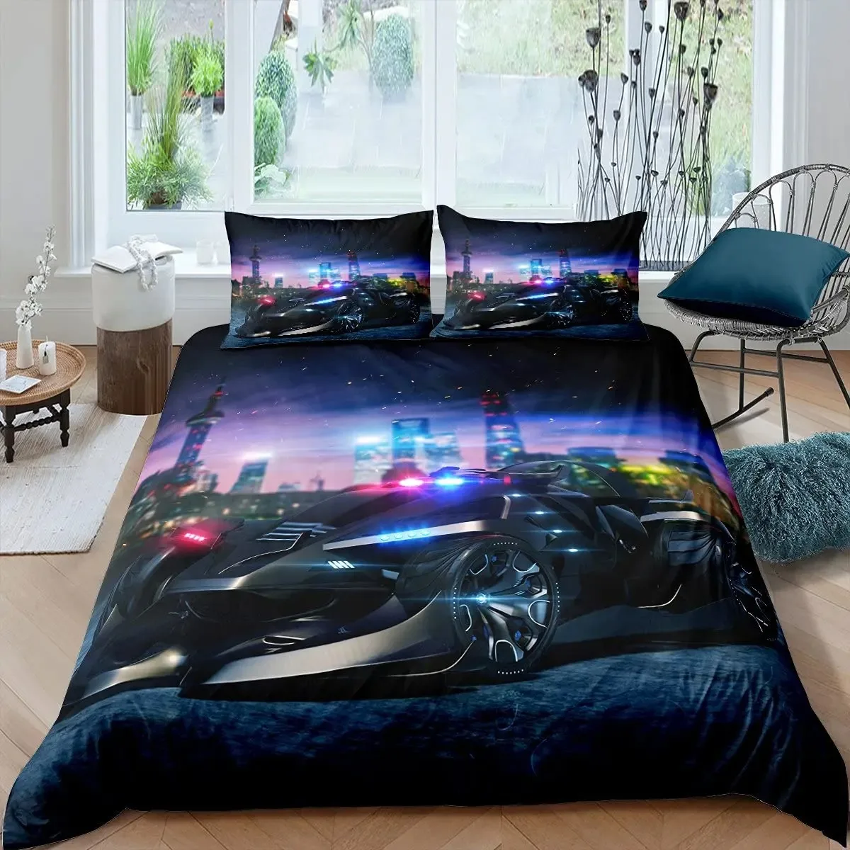 Police Car Duvet Cover Cartoon Set Car Blue Grey Emergency Responder Vehicles Polyester Quilt Cover with Pillowcases King Size