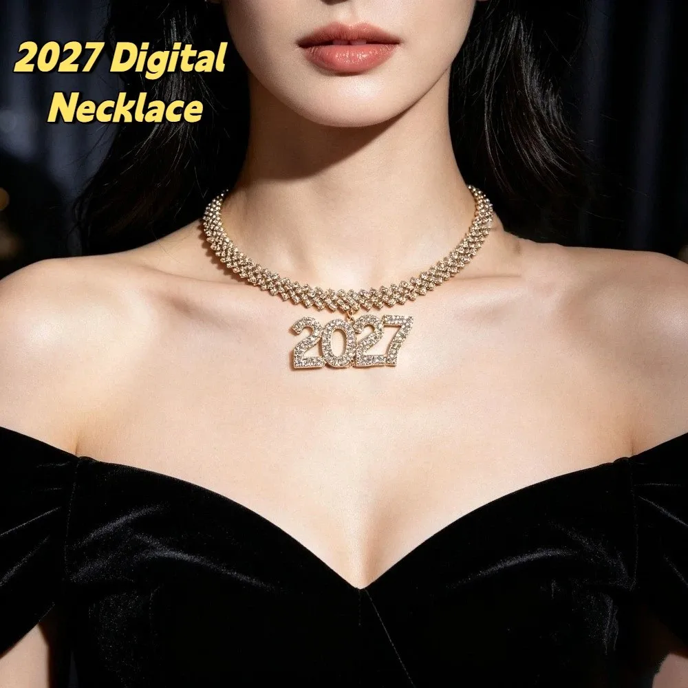 Elegant 2027 Digital Necklace Rhinestone Luxurious Happy New Year Necklace Shiny Number Pendant Collarbone Chain Choker Birthday