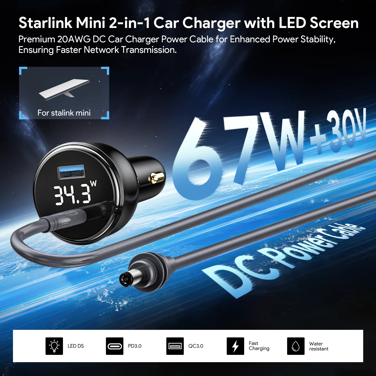 EDUP Starlink 미니 차량용 충전기, 100W, 2 in 1, 3M C타입 to DC 케이블, LED 스크린 삽입, 자동차 담배 라이터, 구멍에 맞는 미니