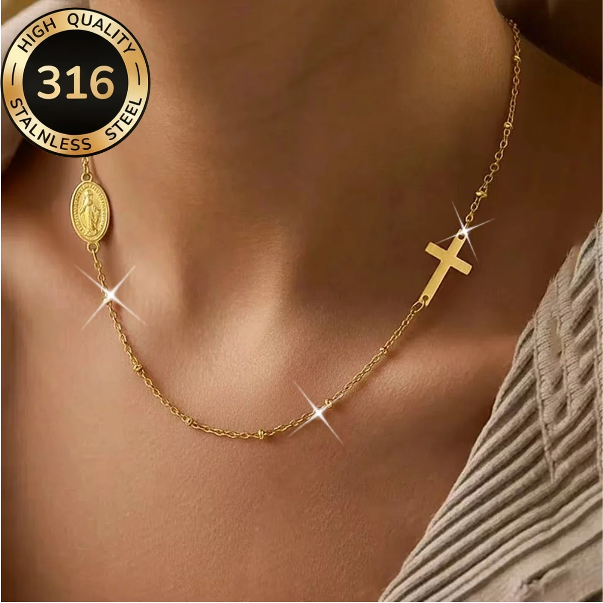 Stainless Steel Dainty Sideway Cross Pattern Charm Necklace Oval Christian Pendant Beaded Chain Clavicle Choker for Female Gifts