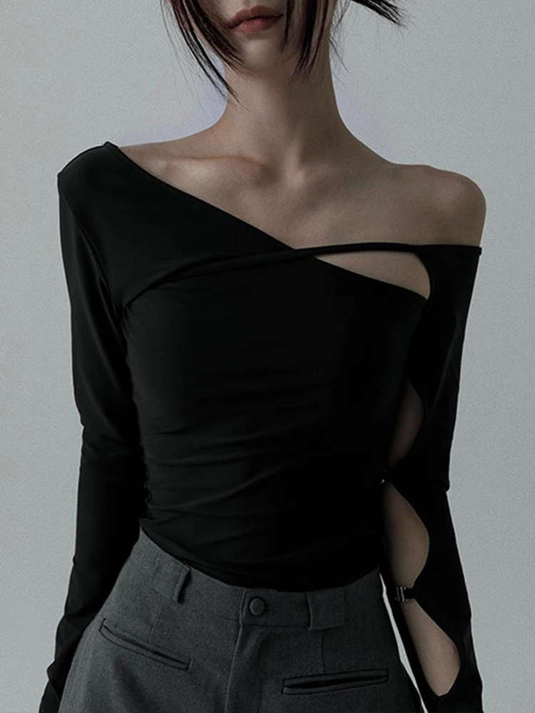 

Evelyth Fashio Drop-shoulder Sleeve Slim Tops Sexy Plunging Collar Plunging Collar Splice T-shirt Winter Spicy Girl Cropped Top