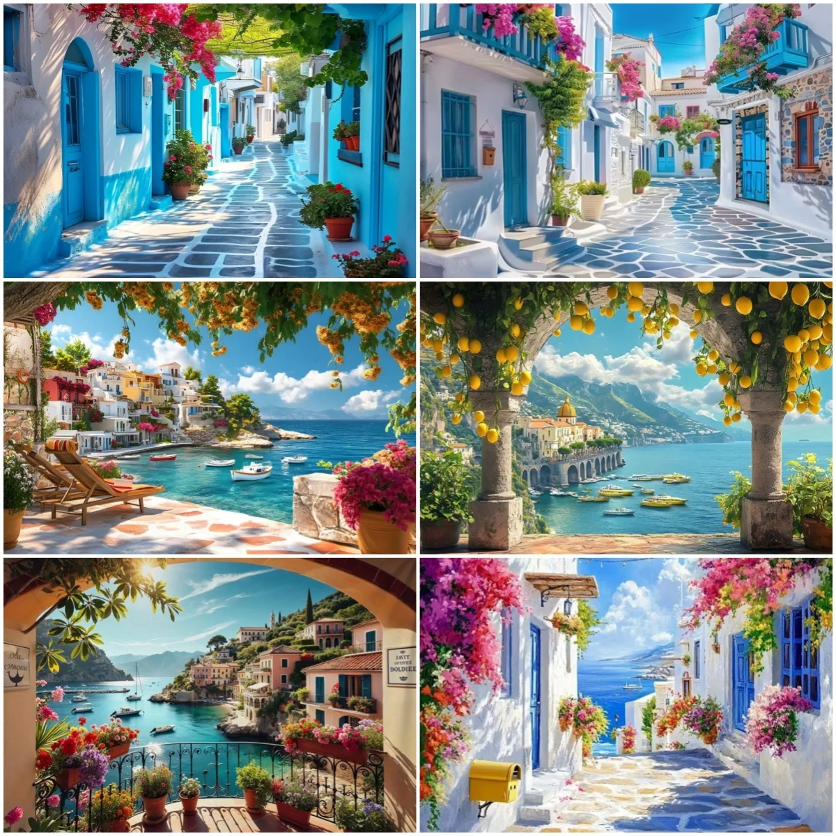 

Beauty Seaside Town City Scenery Themed Background Italian Greece Santorini Landscape Party Decoration Banner Photography Props