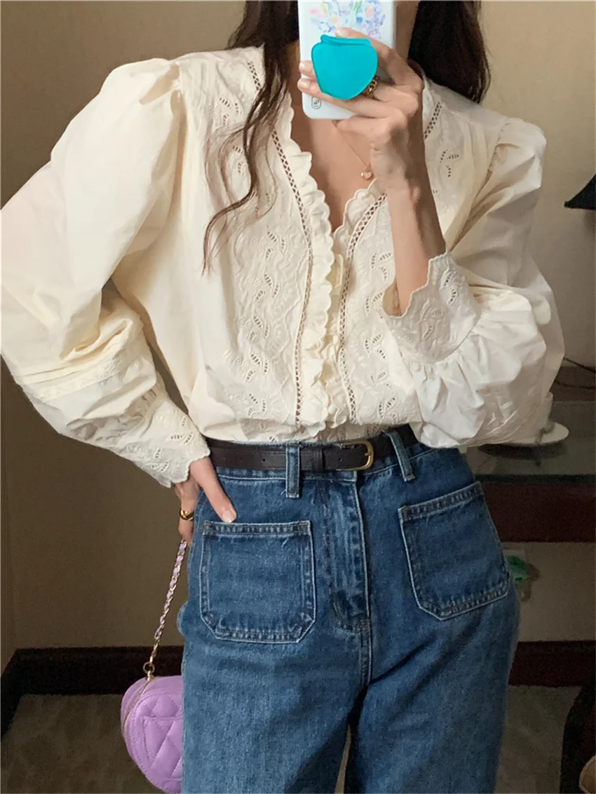 Alien Kitty Vintage V-Neck Hollow Out Shirts 2022 Women Elegant Full Sleeve Chic Office Lady Slim New Gentle All Match Blouses