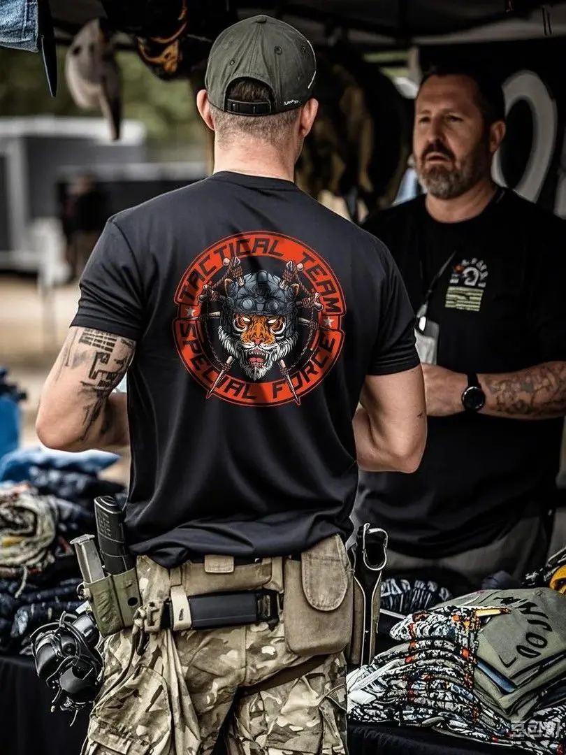 

Summer Short-sleeved New Printed Short-sleeved T-shirt Retro Tough Guy American Outdoor Tactical Men's Crew Neck Large Size Top