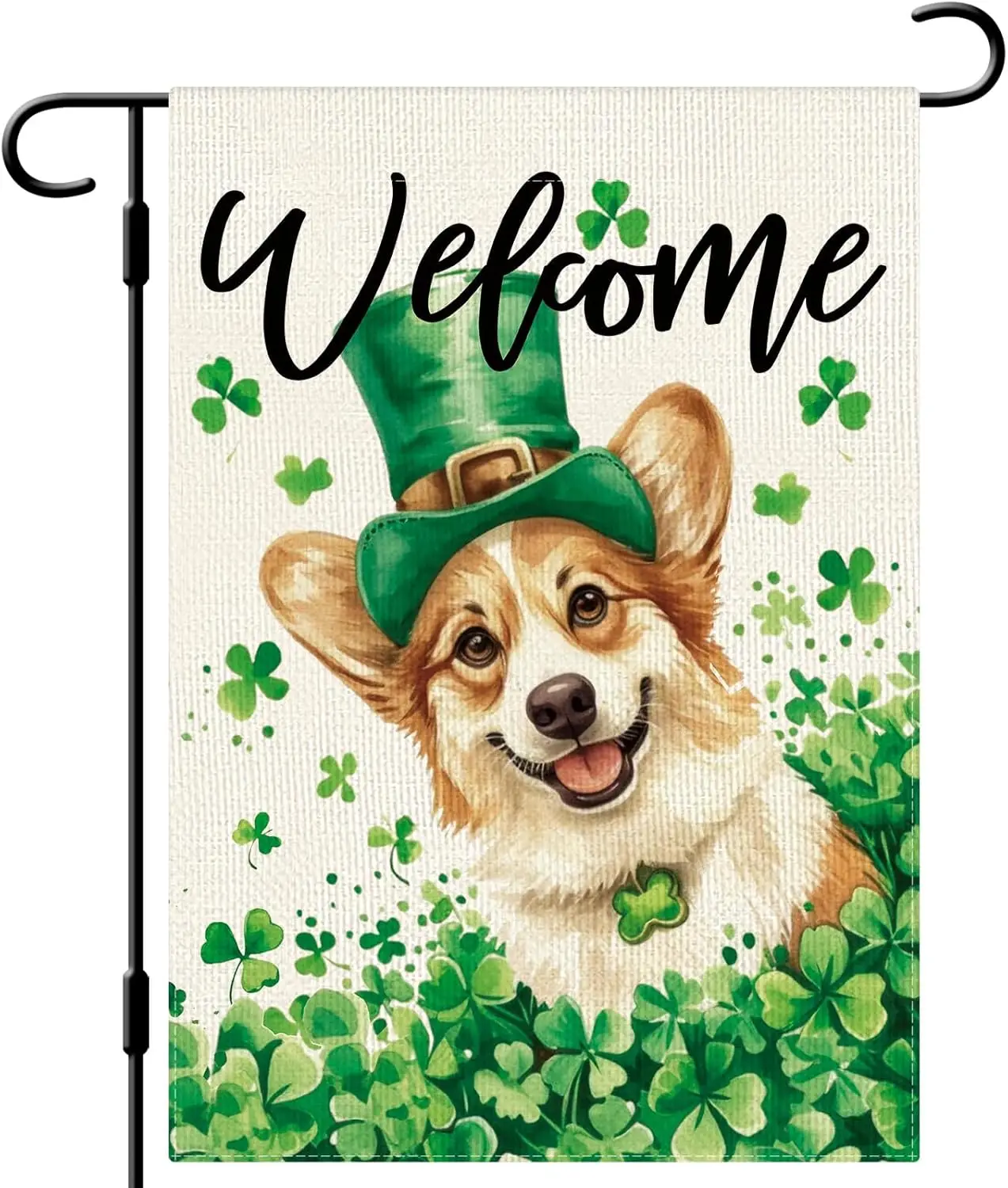 DLZDN Welcome St Patricks Day Dog Garden Flag Shamrocks Clovers Corgi Garden Flag 12×18 Inch Double Sided Vertical Burlap Fa EEZ