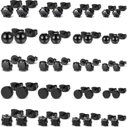 1 Pair Punk Stainless Steel Black Square Studs Earrings Round Fake Cartilage Ear Studs CZ Inlaid Piercing Earrings Set