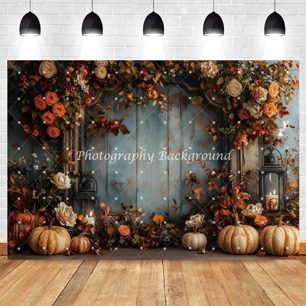 Sfondo per interni autunnali Parete in legno rustico Foglie d'acero Decorazione di zucca Festa di compleanno autunnale Ritratti di famiglia Sfondo di decorazioni per la casa