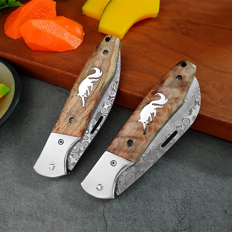 Damascus Folding Knife Fruit Peeler Tools Paring Knife with Wooden Handle for Kitchen Accessories Multifunction Utility Knife