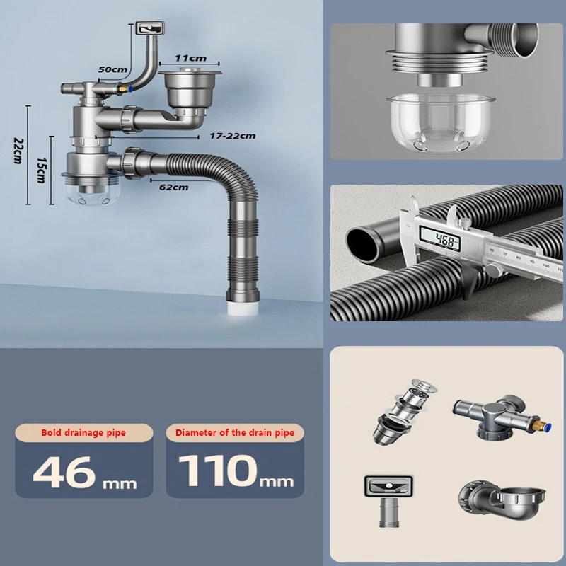 1Set Kitchen Washbasin Sink Bathroom Downpipe Fittings Single And Double Sink Anti-odour Drain Pipe Tee Sink Drain Universal Set
