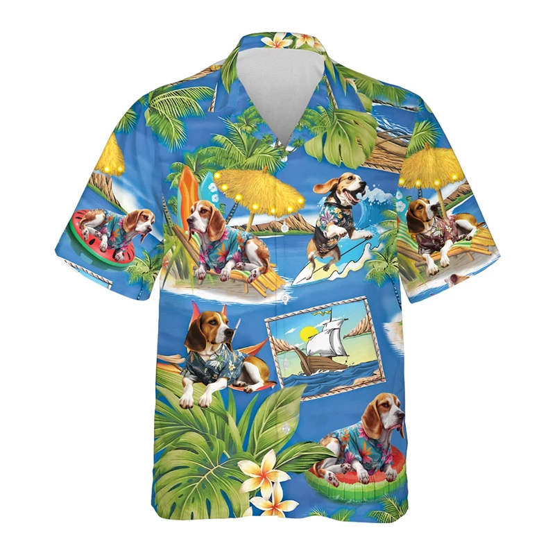 

3D Printed Poodle Dog Pattern Hawaiian Shirts For Men Casual Funny Short Sleeve Aloha Beach Shirt Beach Shirts For Dog Lovers