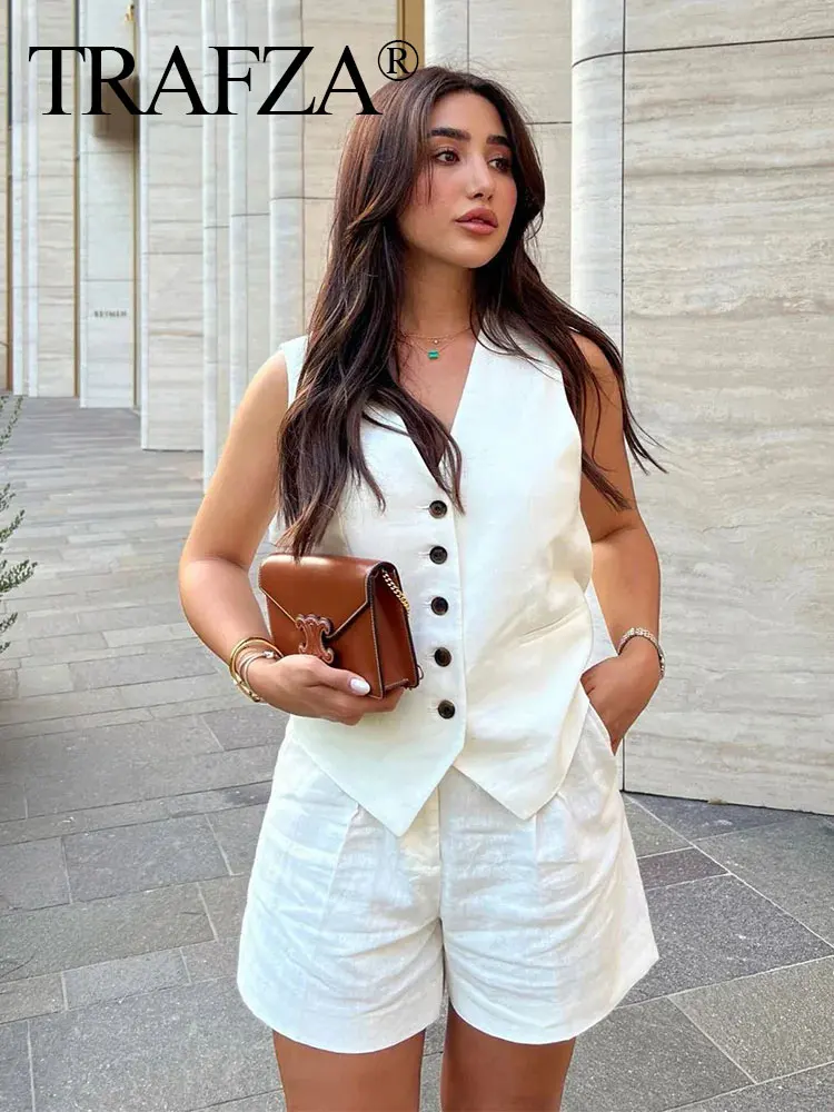 TRAFZA Summer Women Casual Vest Shorts Suit Solid Sleeveless V Neck Waistcoat Tops Slim Zipper Fly Shorts 2024 Office Lady Sets