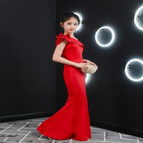 Ruffle Sexy Slit Kid Evening Dress Children Girl Bodycon One Shoulder Ball Gowns Birthday Elegant Mermaid Wedding Party Dresses