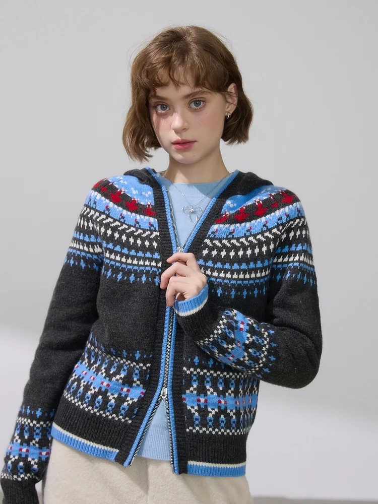 

Вязаный свитер WPsense Deep ey Fair Isle с капюшоном и двойной молнией, осенне-зимний женский кардиган с длинными рукавами