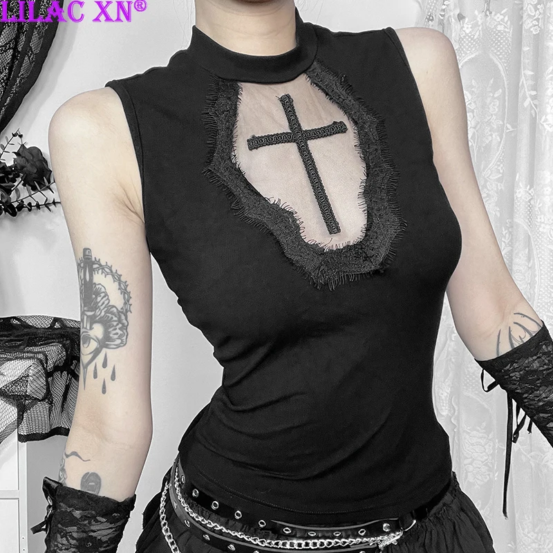 

Y2K Goth Black Cross Sleeveless Basic Tank Tops Sexy Vintage Lace Mesh See Through Women Summer Fashion Slim Tops Streetwear