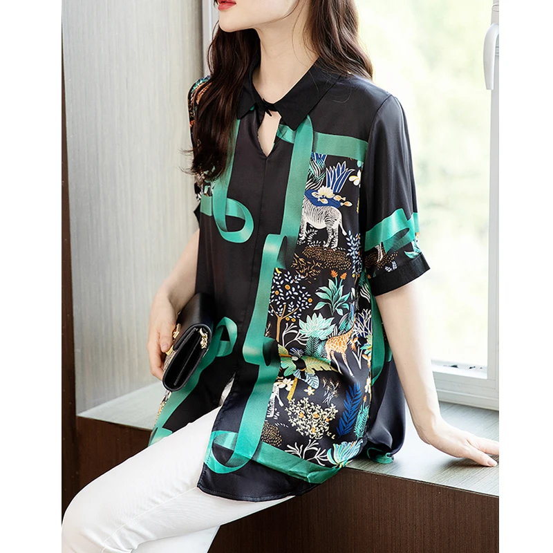 Women Summer Fashion Vintage Print Irregular Blouse Elegant V Neck Short Sleeve Shirts Casual Loose Tunic Tops Blusas Para Mujer