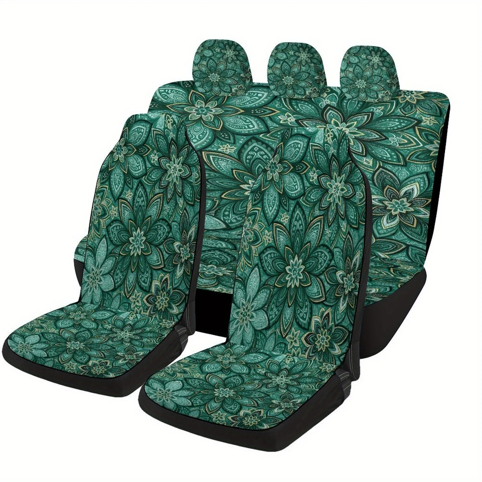Set Of Car Seat Covers Featuring A Green Floral Design, Suitable For Various Vehicles. This Trendy And Unique Decorative Set Inc