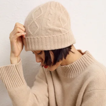 100%Pure Wool Women's Winter Hat Warm Soft Knitted Fashion Woolen Beanie Bonnet y2k Hip Hop Rhombus Skullies Cap For Lady