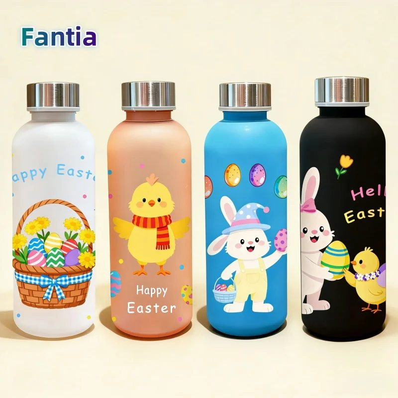 Garrafa de água com padrão de patinho e coelho de desenho animado impressa em 3D - Textura estereoscópica fofa, resistente ao desbotamento, à prova de arranhões, à prova de vazamentos