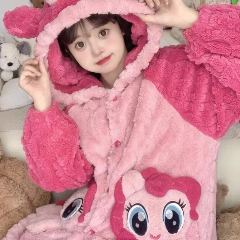 Anime My Little Pony Pajamas Cartoon Cute Women\'s Winter Warm Coral Fleece Hooded Home Clothes Robe Trousers 2 Piece Set