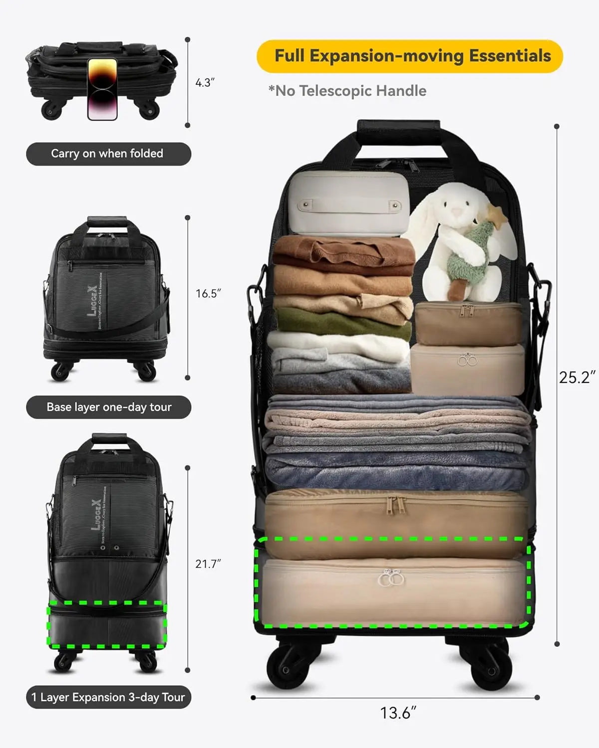 Luggex-Sac à Bagages Extensible à Roulettes, Petite Valise Pliable Sans Poignée Télescopique