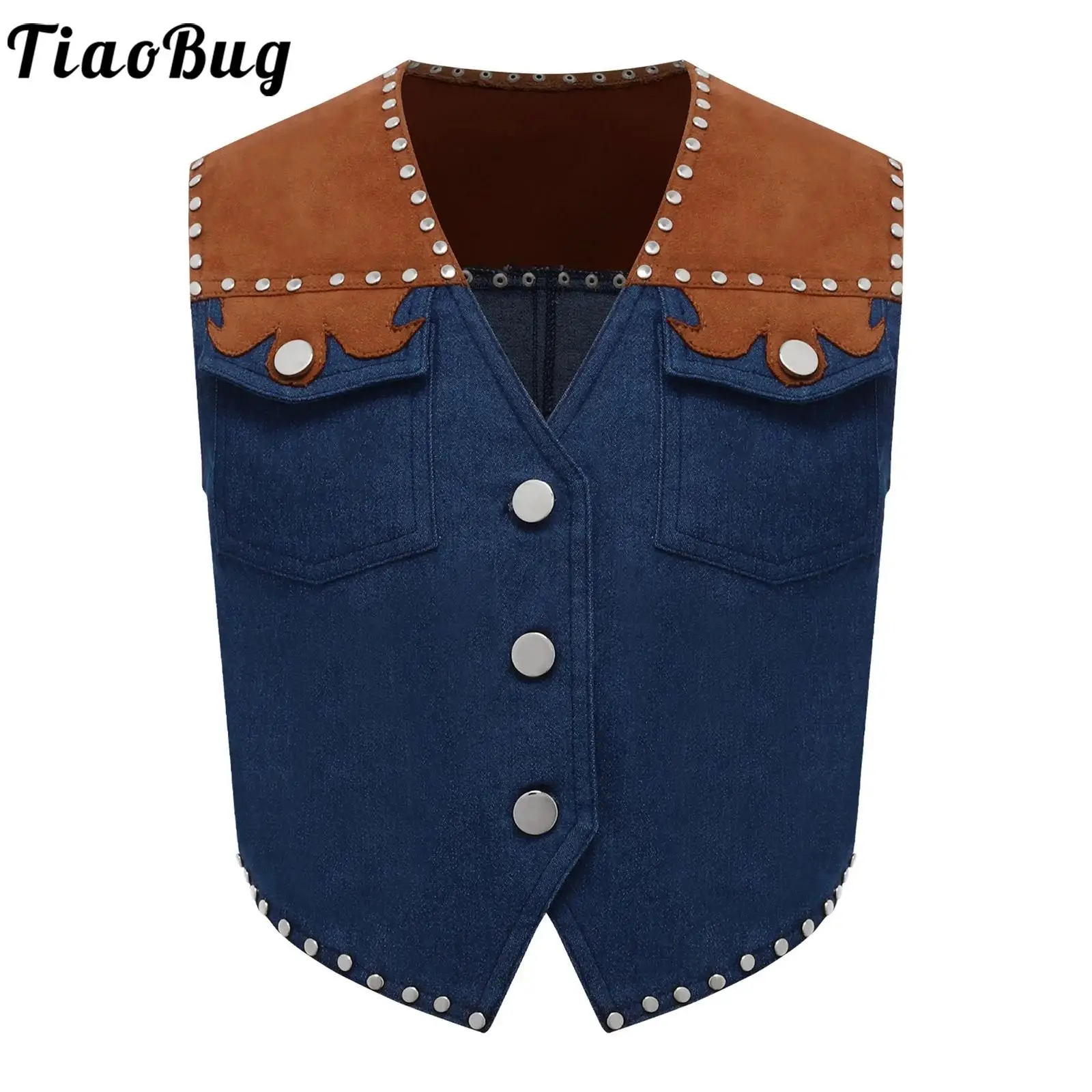 

Boys Western Cowboy Cosplay Costume Vest Buttons Rivet Fringe Denim Cowboy Waistcoat Cowgirls Role Play Halloween Party Costume