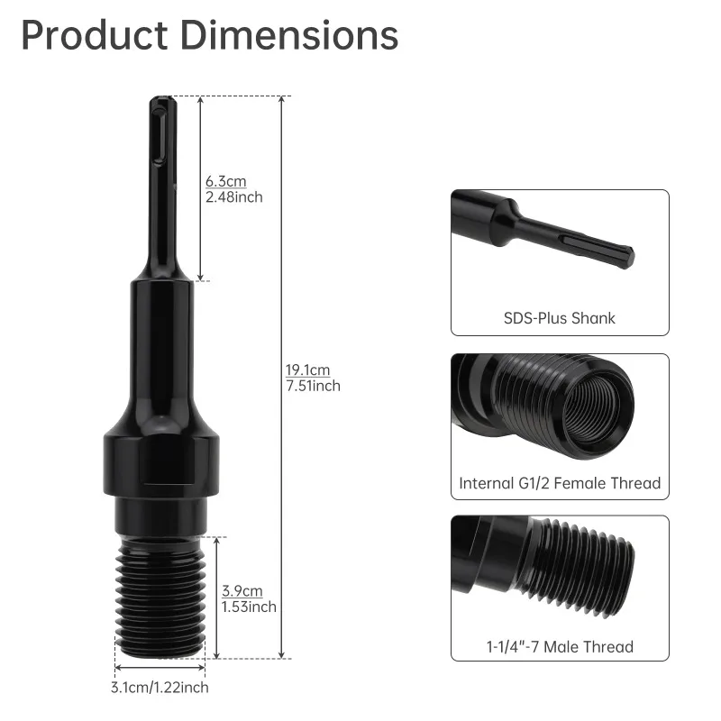 Used for rotary power tools, core drill bit converters, 1-1/4 inch-7 male thread to SDS and concrete core adapters