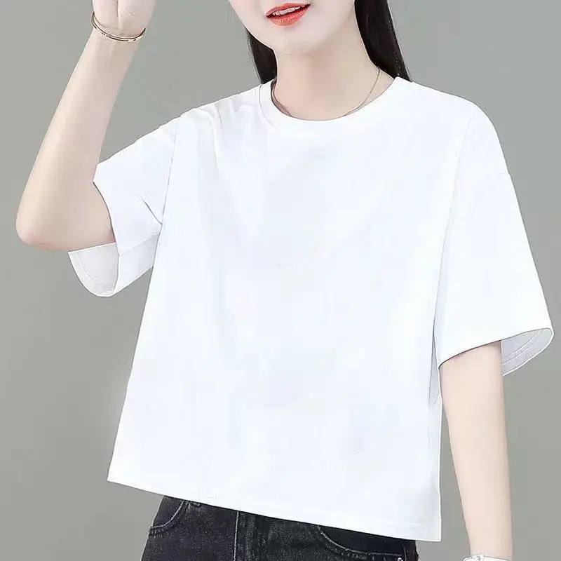 Simplicity Thin Summer Loose Solid Color T-Shirts Round Neck Pure Cotton Women's Clothing Casual Straight Pullovers Comfortable