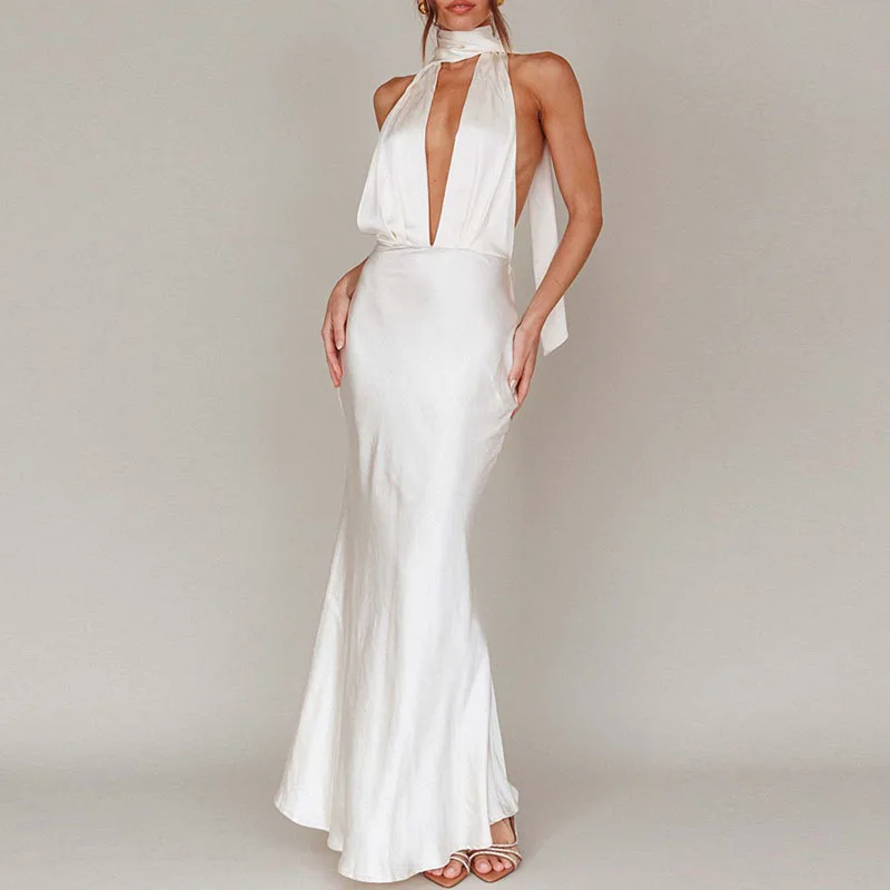 Sexy profundo decote em v rendas vestido de noite moda sólida cetim magro bodycon vestido longo feminino verão sem costas oco boho vestido mujer