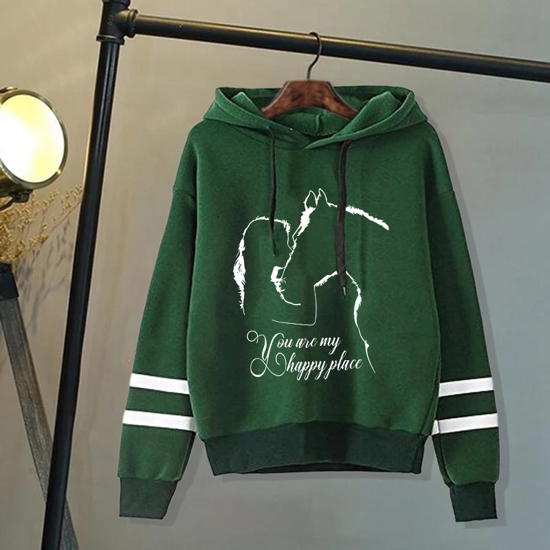 Horse And Girl You Are My Happy Place Printing Hoodie Pullovers Tops Autumn and winter stripes Long Sleeve Sweatshirt