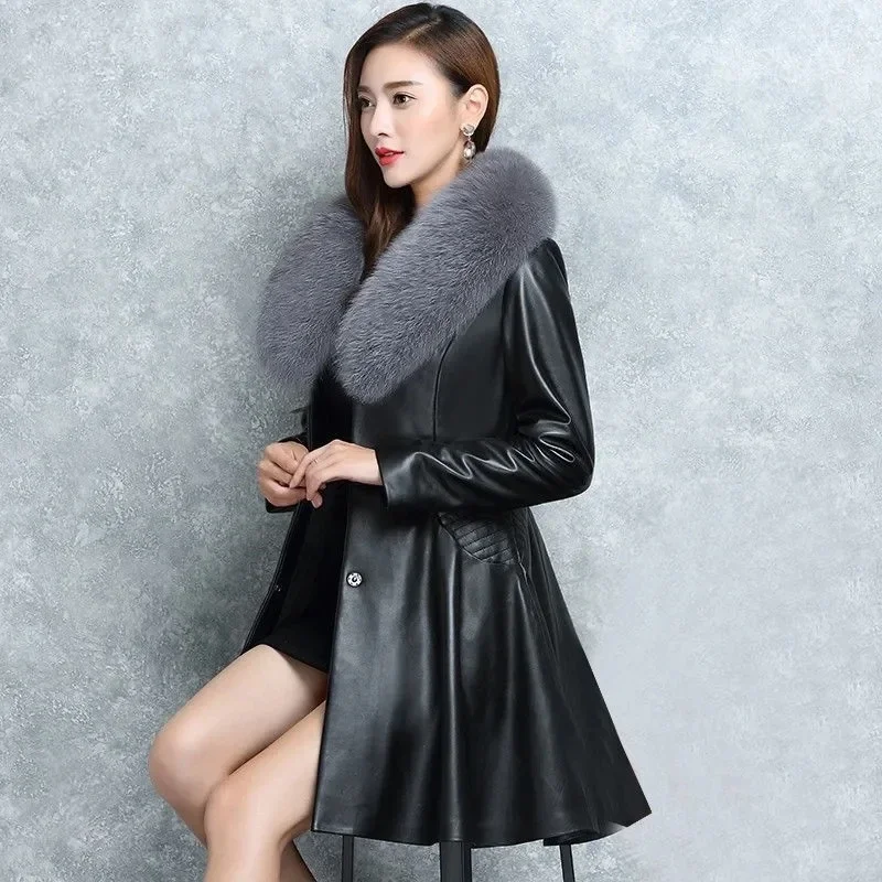 Veste en cuir mi-longue pour femme avec col en fourrure de renard imitée, cuir PU, coton chaud, manteau en fourrure mince, nouveau, 2024