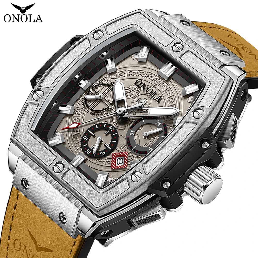 Classic Barrel Shaped Design Fashionable Luxury Men's Watches ONOLA Multifunctional Waterproof Casual Leather Quartz Watch Men's