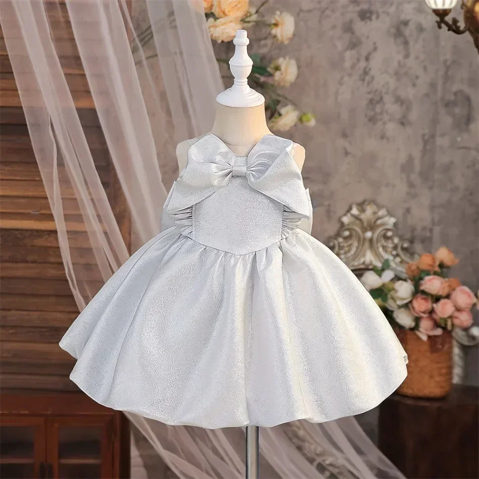 Baby Girls Silver Shiny Birthday Sling Dress with Big Bow Girl Back Bow Wedding Dress Infant Birthday Catch Week Dress 0-3 ASQ03
