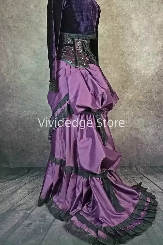 Customized Victorian Gothic Wedding Dresses Black Purple Long Sleeves Satin Bridal Gowns vestidos de novia de talla grande