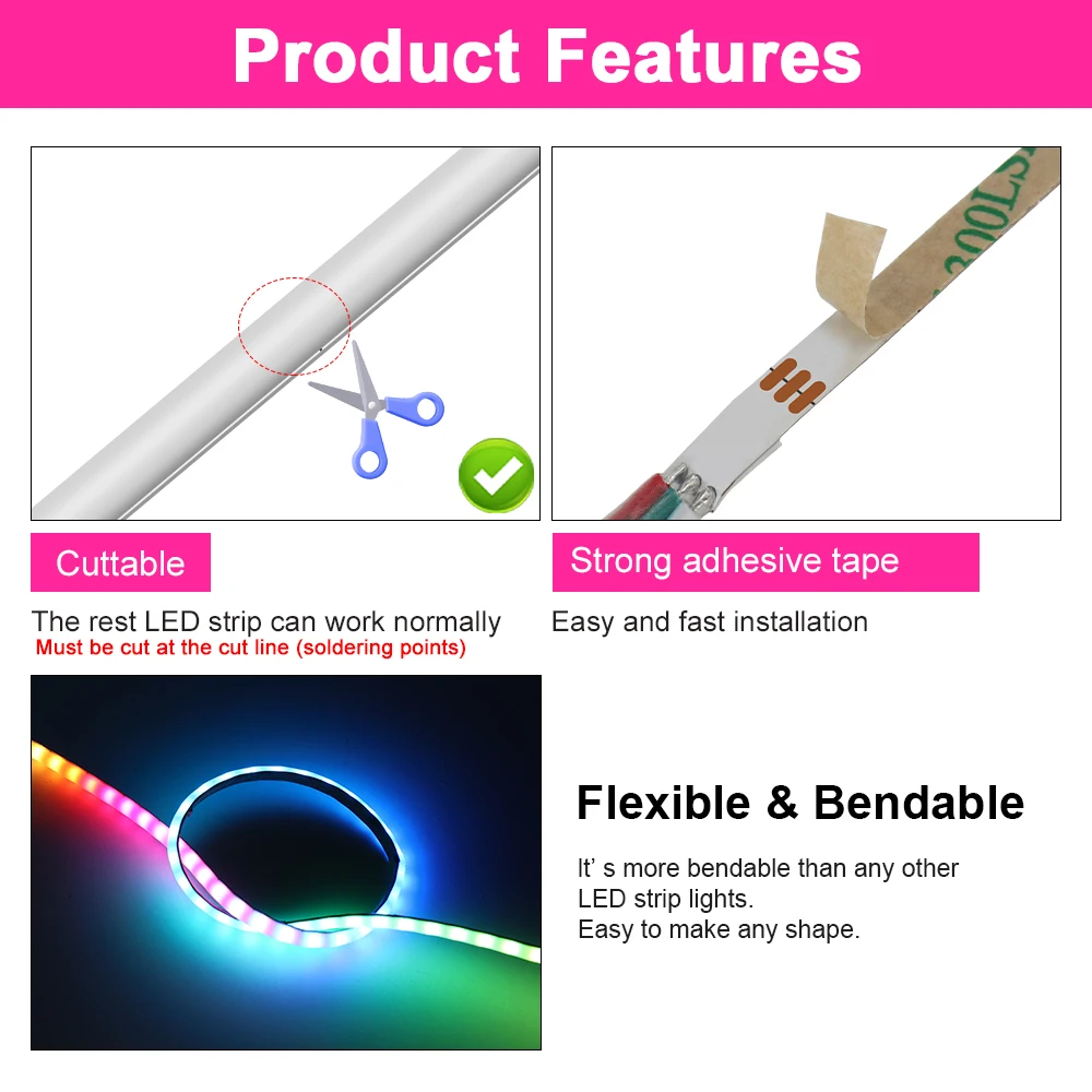 WS2812B COB LED Light Strip 5V Individually Addressable 5mm RGBIC Dream Color Ribbon LED Tape Alexa Googe Home Voice Control