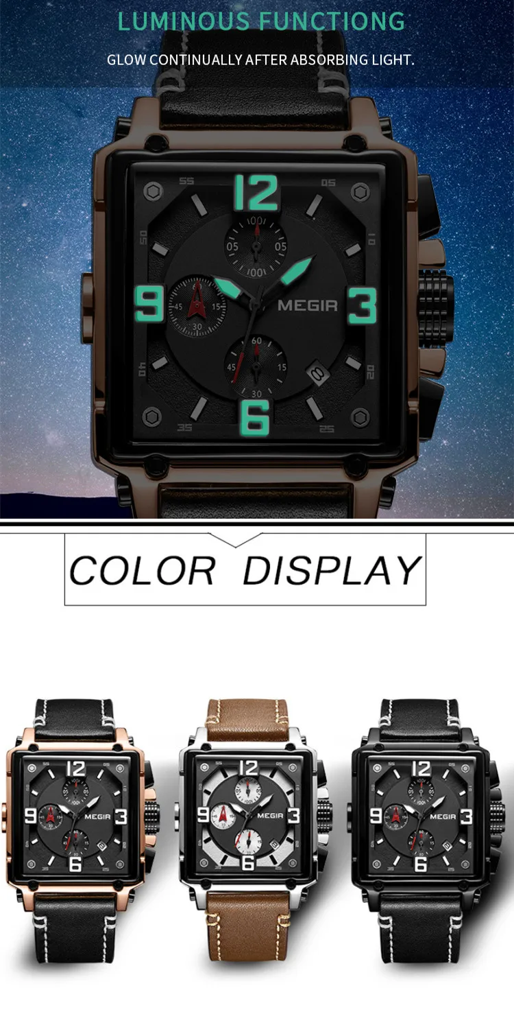 MEGIR Luxury Men\'s Watches Rectangle Quartz Military Watches Luminous Waterproof Wristwatch Calendar Male Chronograph 2061