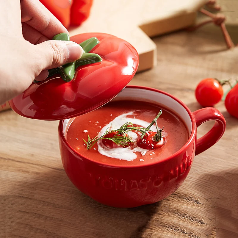 Taza de agua creativa de calabaza/tomate, Taza de cerámica con tapa, cuchara, exquisitas tazas de avena para desayuno, cuenco para huevos al vapor, vajilla diaria