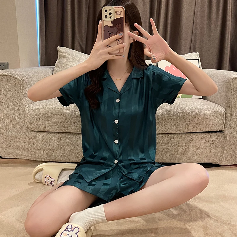 Silk Pajamas Women Summer Short Sleeve Shorts Suit Solid Satin Thin Ladies Large Size Casual Luxury Cardigan Homewear Sexy Pjs