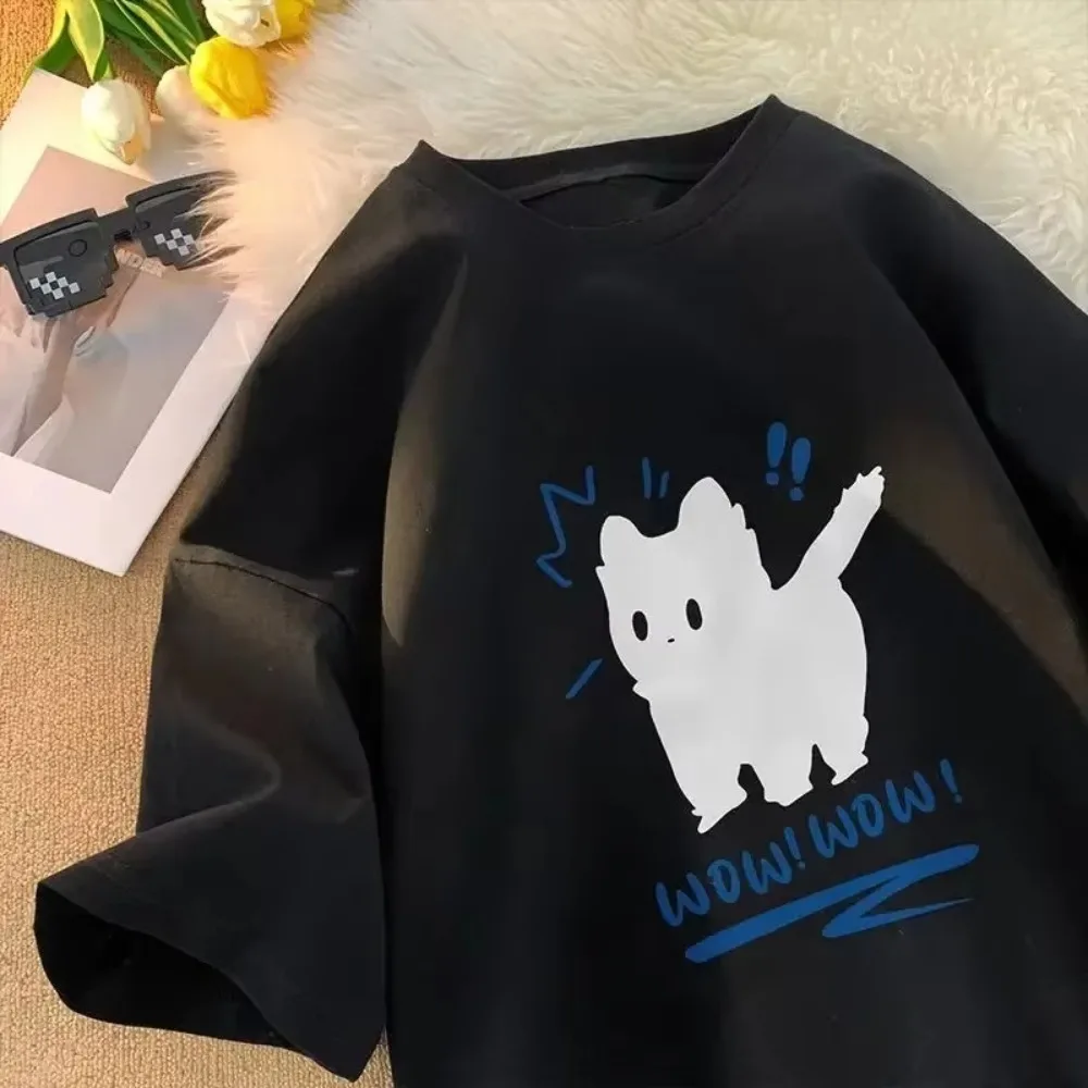 Feminino retro gatinho impresso casual manga curta camiseta rua tendência padrão camiseta harajuku roupas de rua camiseta algodão