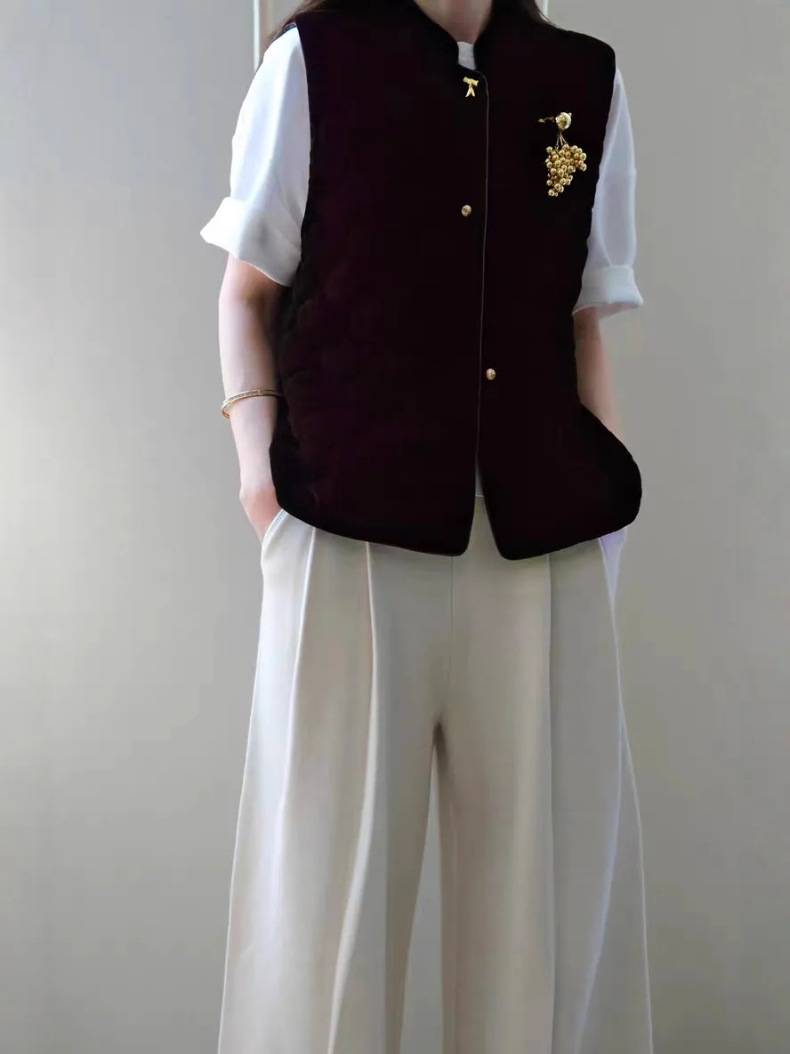 

Double-Sided Wear Velvet Song Silk Satin Cotton Lined Vest Ele Faionable Ladies' Jaet Polyester Fabric Loose Fit