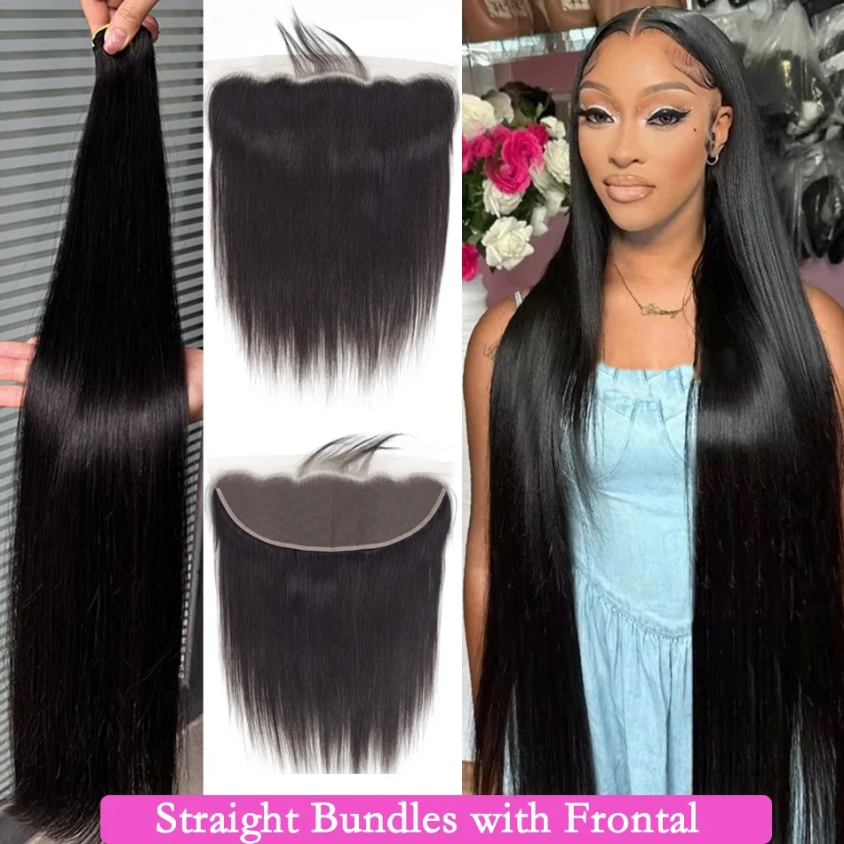 

Bone Straight Human Hair 3/4 Bundles With 13x4 Transparent Lace Frontal 30 Inch 100% Human Hair Weave Extensions For Women