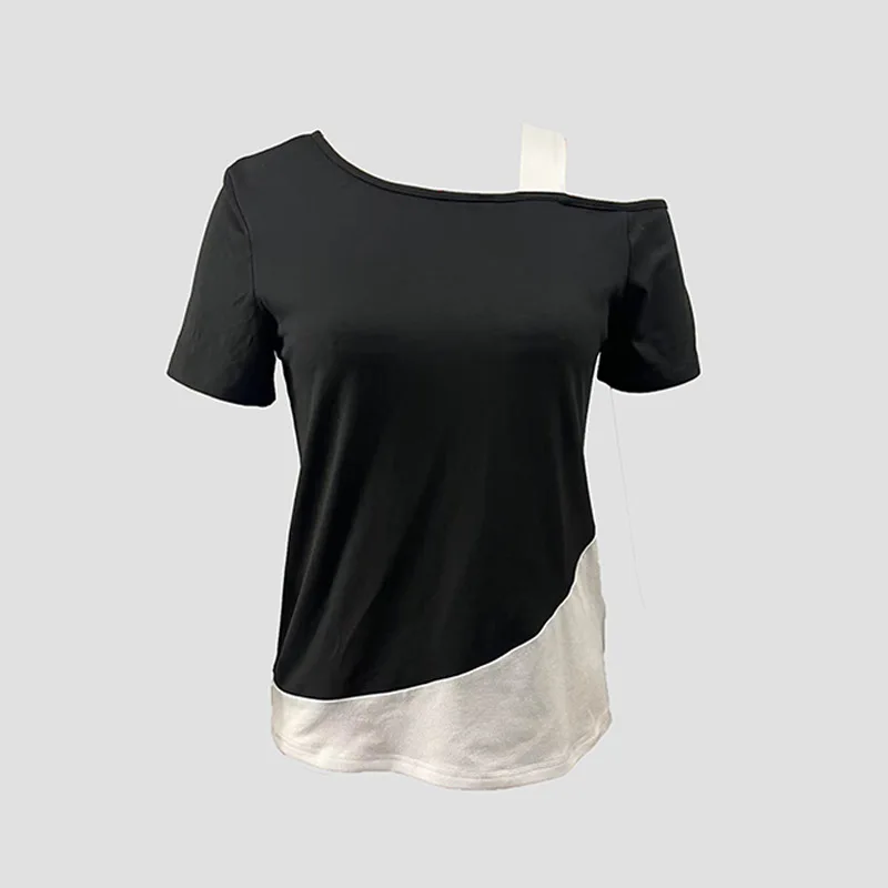 Chic Farbe Blockieren Kurzarm Frauen Einfarbig Off Schulter Asymmetrische T-Shirt Weibliche Sommer Casual Tops – Detail 14