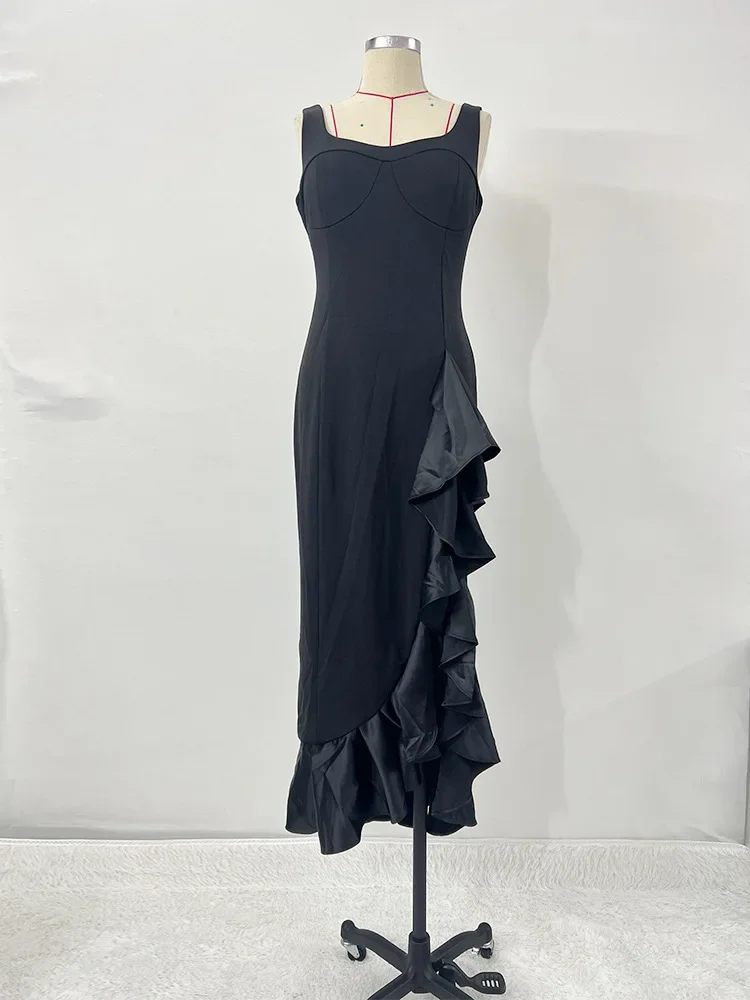 Women’s Square Neck Ruffle Long Dress Sleeveless Backless Side Split Bodycon High Waist Midi Dress Prom Gowns Cocktail Dress